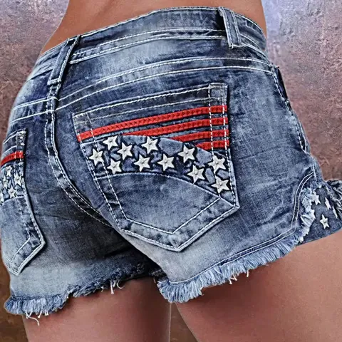 Pantalones Cortos de Mezclilla Bordados para Mujer Retro Cintura Media Jeans Rotos Alta Elasticidad Dobladillo Deshilachado Parche de Estrella