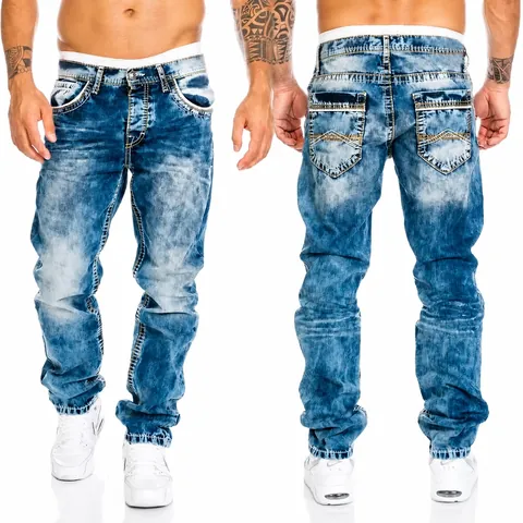 Men's Hip Hop Straight Leg Jeans Contrast Stitching Embroidered Cotton Denim Bottom Washed Casual Streetwear Pants
