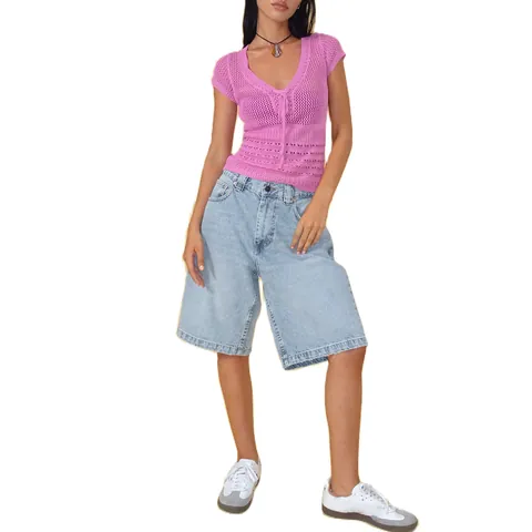 Dames Western Stijl Denim Bermuda Shorts Hoge Taille Zandgewassen Wijde Pijpen Losse Denim Broek Casual Zomer Streetwear Onderkant