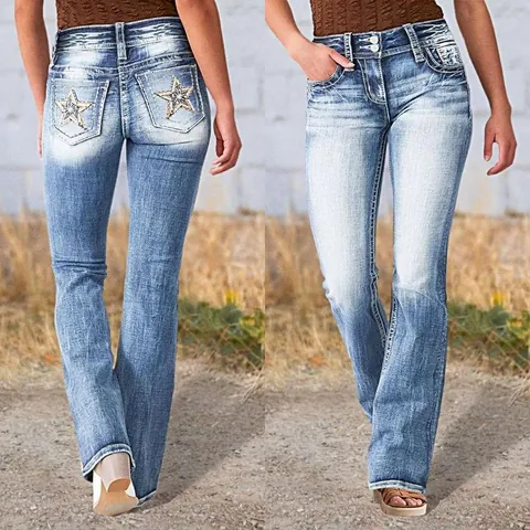 Jeans en Denim de Coton Décontracté pour Femmes Motif Étoile Imprimé Design Streetwear Taille Haute Coupe Bootcut Pantalon