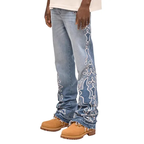 Jeans a Gamba Dritta Ricamati da Uomo in Cotone Denim con Sfumatura Strass Pantaloni Retro Streetwear a Gamba Larga Fondo a Taglio Vivo