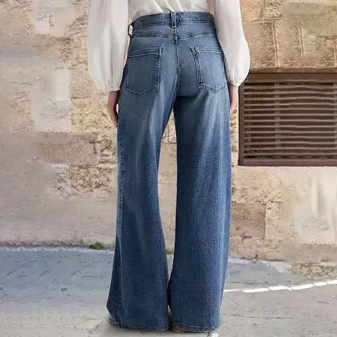 Jean Large Décontracté en Denim de Coton pour Femmes Taille Haute Brodé d'Étoiles Bleu Délavé Rétro Pantalon en Jean Long