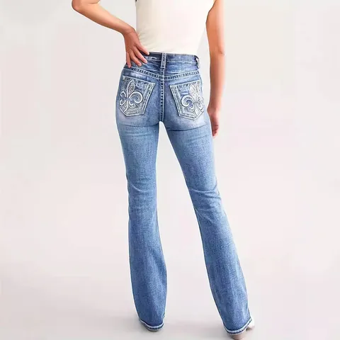 Women High Waist Embroidery Flared Jeans Slim Fit Contrast Stitching Denim Pants Retro Blue Bootcut Trousers Streetwear