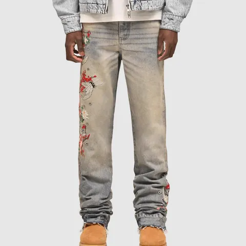 Vaqueros de Hombre Azul Desgastado Corte Recto Algodón Lavado Retazos Bordado Grulla Koi Floral Streetwear Bottom