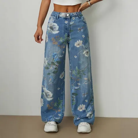 Jeans en Denim à Imprimé Floral Rétro pour Femmes Taille Haute Jambe Large Droit Streetwear Coton Pantalon Décontracté Bleu Foncé