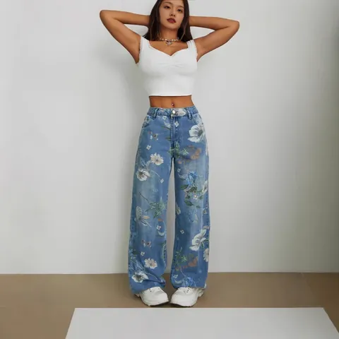Jeans en Denim à Imprimé Floral Rétro pour Femmes Taille Haute Jambe Large Droit Streetwear Coton Pantalon Décontracté Bleu Foncé