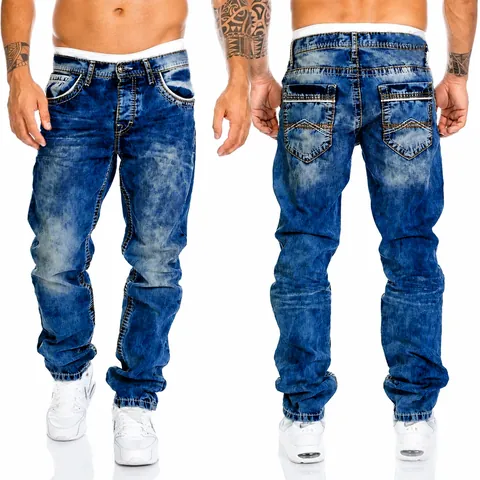 Men's Hip Hop Straight Leg Jeans Contrast Stitching Embroidered Cotton Denim Bottom Washed Casual Streetwear Pants