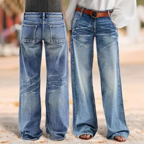 Women Casual Cotton Washed Straight Leg Jeans With Belt High Waist Loose Fit Denim Trousers For Daily Streetwear