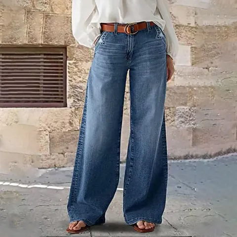 Jean Large Décontracté en Denim de Coton pour Femmes Taille Haute Brodé d'Étoiles Bleu Délavé Rétro Pantalon en Jean Long