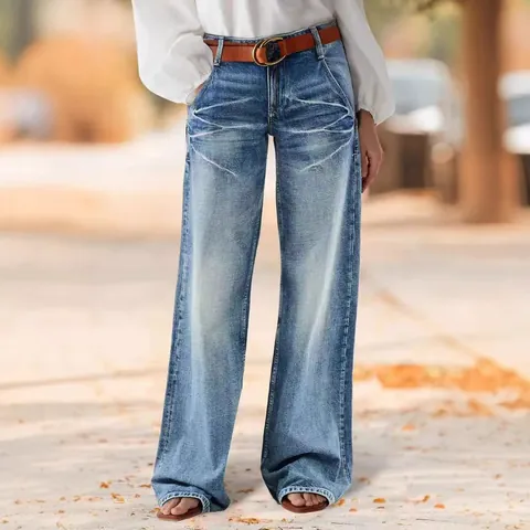 Dames Casual Straight Leg Denim Jeans Hoge Taille Gewassen Katoen Retro Wijde Pijpen Streetwear Veelzijdige Lange Broek Met Zakken