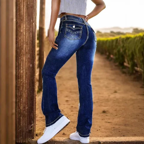 Women Retro Flared Jeans Embroidered Pocket Rhinestone Low Waist Slimming Contrast Stitching Dark Blue Denim Flared Pants