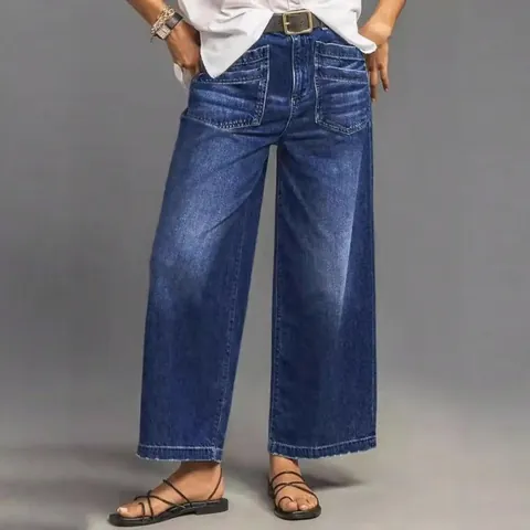 Vintage Damen Weites Bein Jeans Baumwollmischung Gewaschen Mittlere Taille Denim Hose Locker Fashion Große Taschen Casual Retro Hose
