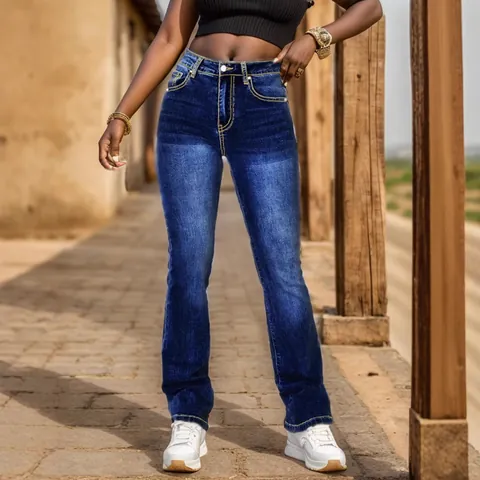 Women Retro Flared Jeans Embroidered Pocket Rhinestone Low Waist Slimming Contrast Stitching Dark Blue Denim Flared Pants