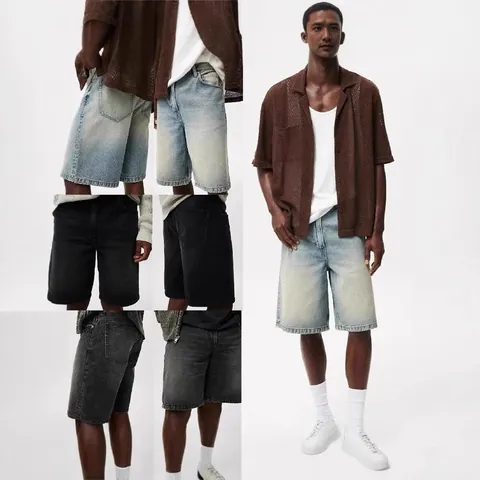 Men's Distressed Denim Shorts Baggy Fit Washed Cotton Streetwear Knee Length Casual Bottom Summer Fashion Shorts