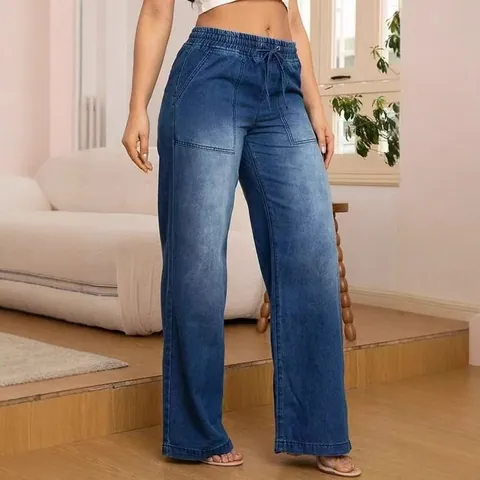 Jean en Denim Droit Décontracté pour Femmes Streetwear Brodé Lavé Blanchi Pantalon Taille Moyenne Cordon Élastique