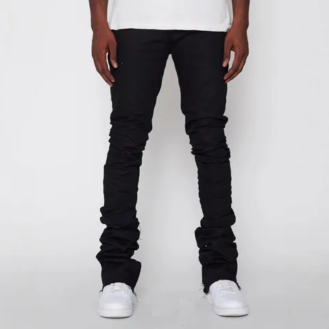 Men Streetwear Black Stacked Jeans Slim Fit Stretchy Cotton Denim Pants Washed Ruched Hip Hop Stacked Trousers For Men