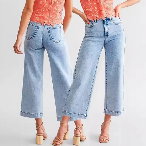 Women High Waist Straight Leg Cropped Jeans Light Blue Denim Pants Slim Fit Casual Streetwear Five Pocket Denim Trousers