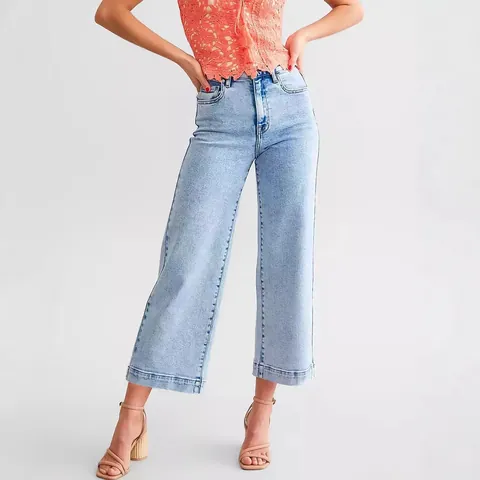 Women High Waist Straight Leg Cropped Jeans Light Blue Denim Pants Slim Fit Casual Streetwear Five Pocket Denim Trousers