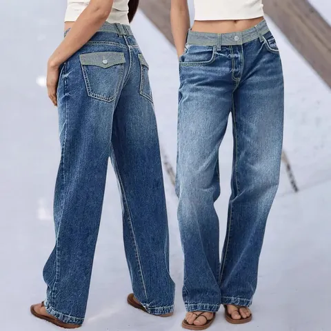 Damen Vintage Patchwork Jeans Modische Colorblock Mittlere Taille Weites Bein Denim Hose Casual Kontrast Taille Streetwear Lange Hose