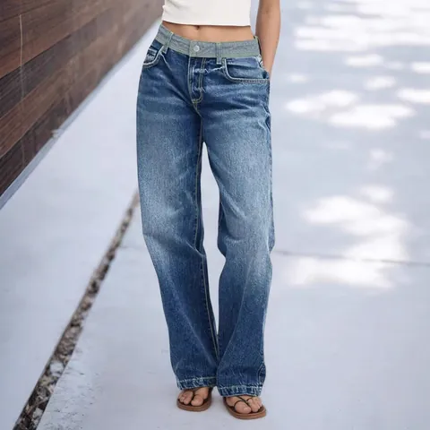 Damen Vintage Patchwork Jeans Modische Colorblock Mittlere Taille Weites Bein Denim Hose Casual Kontrast Taille Streetwear Lange Hose