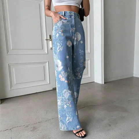 Women American Retro Blue Floral Print Jeans High Waist Wide Leg Straight Denim Pants Vintage Botanical Long Trousers