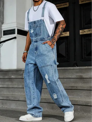 Men High Street Distressed Denim Overalls Jumpsuit Washed Ripped Straight Leg Cargo Jeans Long Pants Fashion Streetwear Cotton