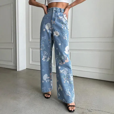 Women American Retro Blue Floral Print Jeans High Waist Wide Leg Straight Denim Pants Vintage Botanical Long Trousers