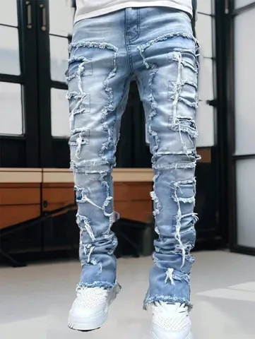 Herren High Street Patchwork Denim Jeans Vintage Washed Distressed Stacked Ripped Slim Straight Leg Jeans Streetwear Hosen