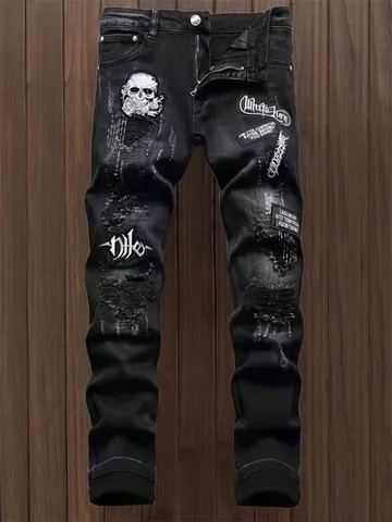 Men's High Street Heavy Embroidery Skull Rose Distressed Ripped Jeans Straight Leg Patchwork Denim Pants Black