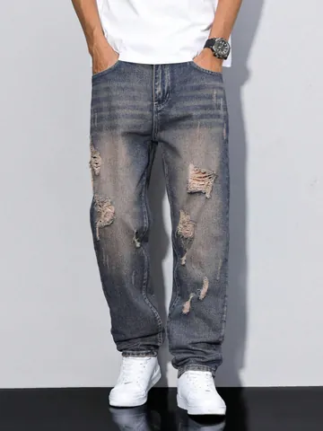 Herren American High Street Zerrissene Jeans Vintage Waschung Verwittert Gerades Bein Denim Hosen Baumwollmischung Casual Herrenhose