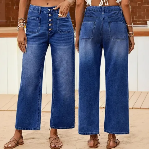 Women's High Waist Button Fly Wide Leg Jeans Casual Ankle Length Denim Pants Loose Fit Patch Pocket Solid Color Cotton Trousers For Vacation Streetwear