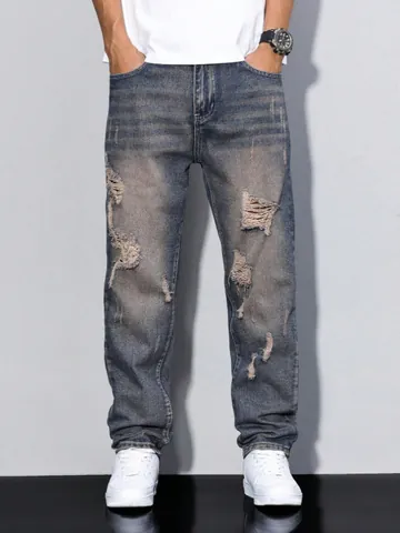 Herren American High Street Zerrissene Jeans Vintage Waschung Verwittert Gerades Bein Denim Hosen Baumwollmischung Casual Herrenhose