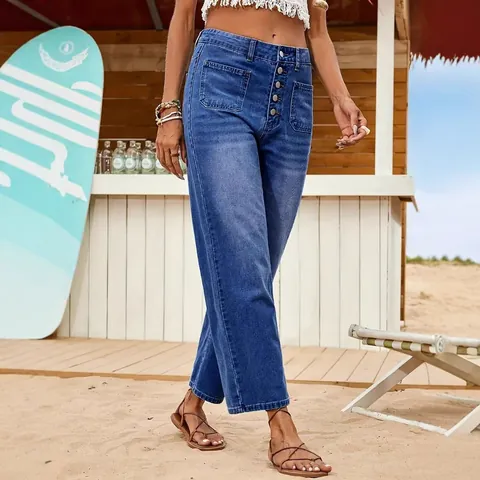 Women's High Waist Button Fly Wide Leg Jeans Casual Ankle Length Denim Pants Loose Fit Patch Pocket Solid Color Cotton Trousers For Vacation Streetwear