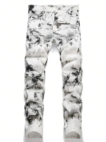 Pantalones Largos de Denim para Hombre High Street Degradado de Salpicaduras de Tinta Vaqueros Rectos Lavado Casual Moda