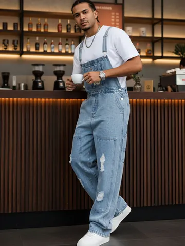 Men High Street Distressed Denim Overalls Jumpsuit Washed Ripped Straight Leg Cargo Jeans Long Pants Fashion Streetwear Cotton