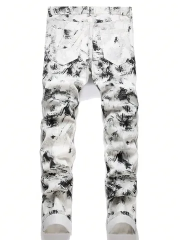 Pantalones Largos de Denim para Hombre High Street Degradado de Salpicaduras de Tinta Vaqueros Rectos Lavado Casual Moda