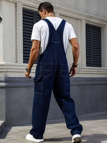 Men's American Retro Loose Straight Bib Denim Overalls Casual Washed Cotton Jumpsuit Multi Pocket Workwear Top And Bottom