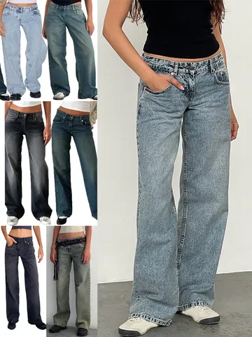 Damen Hochwertige Vintage Washed Denim Jeans Gerade Bein Streetwear Casual Niedrige Taille Weites Bein Lange Hose Tasche Mode Hose