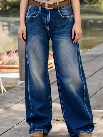 Women Vintage Washed Denim Wide Leg Pants Retro Curved Cut High Waist Streetwear Straight Jeans Bottom With Belt