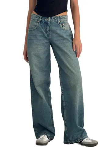 Damen Hochwertige Vintage Washed Denim Jeans Gerade Bein Streetwear Casual Niedrige Taille Weites Bein Lange Hose Tasche Mode Hose