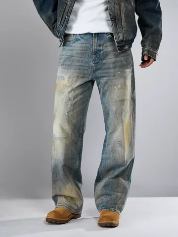 Men Vintage High Street Dirty Wash Distressed Wide Leg Straight Jeans Cotton Denim Pants For Men Casual Retro Long Trousers