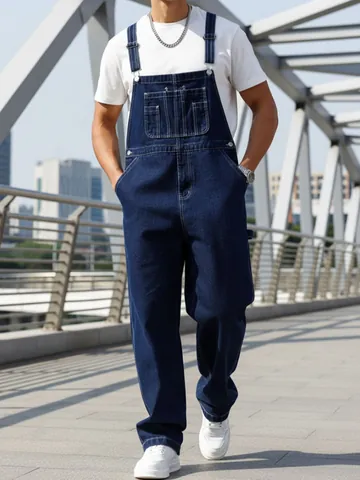 Men's American Retro Loose Straight Bib Denim Overalls Casual Washed Cotton Jumpsuit Multi Pocket Workwear Top And Bottom