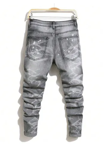 Herren Distressed Ripped Jeans Graffiti Patchwork Gerade Passform Gewaschene Denim Hose Streetwear Schmale Beinhose Mit Farbspritzern