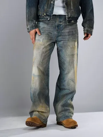 Men Vintage High Street Dirty Wash Distressed Wide Leg Straight Jeans Cotton Denim Pants For Men Casual Retro Long Trousers