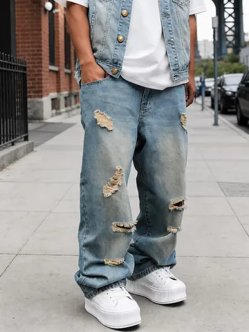 Men's High Street Plus Size Ripped Jeans Loose Straight Leg Distressed Washed Denim Pants Streetwear Fashion Jeans