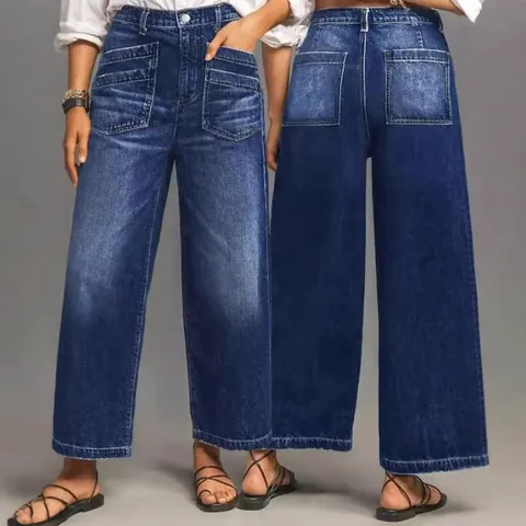 Vintage Damen Weites Bein Jeans Baumwollmischung Gewaschen Mittlere Taille Denim Hose Locker Fashion Große Taschen Casual Retro Hose