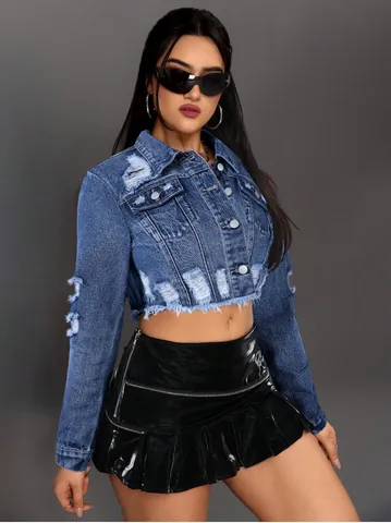 Women High Street Distressed Cropped Denim Jacket Washed Lapel Long Sleeve Button Down Outwear Streetwear Top