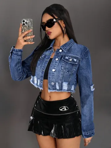 Women High Street Distressed Cropped Denim Jacket Washed Lapel Long Sleeve Button Down Outwear Streetwear Top
