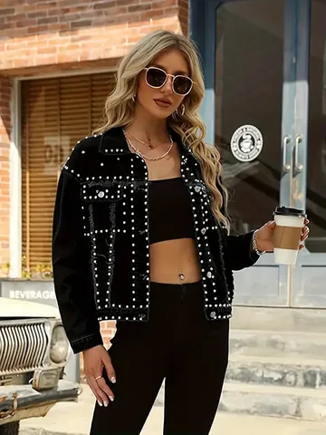 Damen Denim Jacke Nieten Besetzt Streetwear High Street Revers Geknöpft Denim Blau Mode Oberbekleidung Mantel