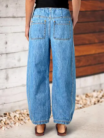 Damen Streetwear Weites Bein Gerade Denim Jeans Hohe Taille Elastischer Kordelzug Gewaschene Baumwolle Polyester Hose